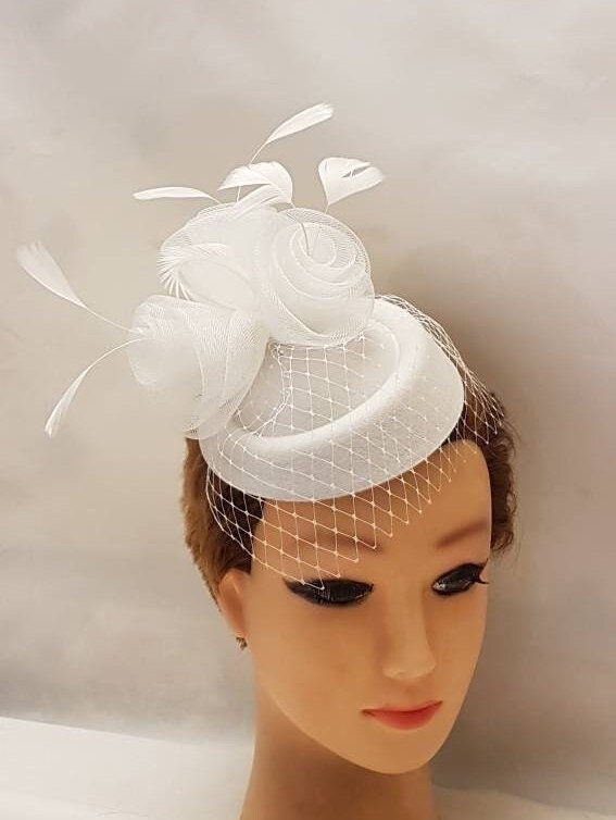 White or Ivory Bridal felt hat fascinator with birdcage veil, And Crinoline Roses