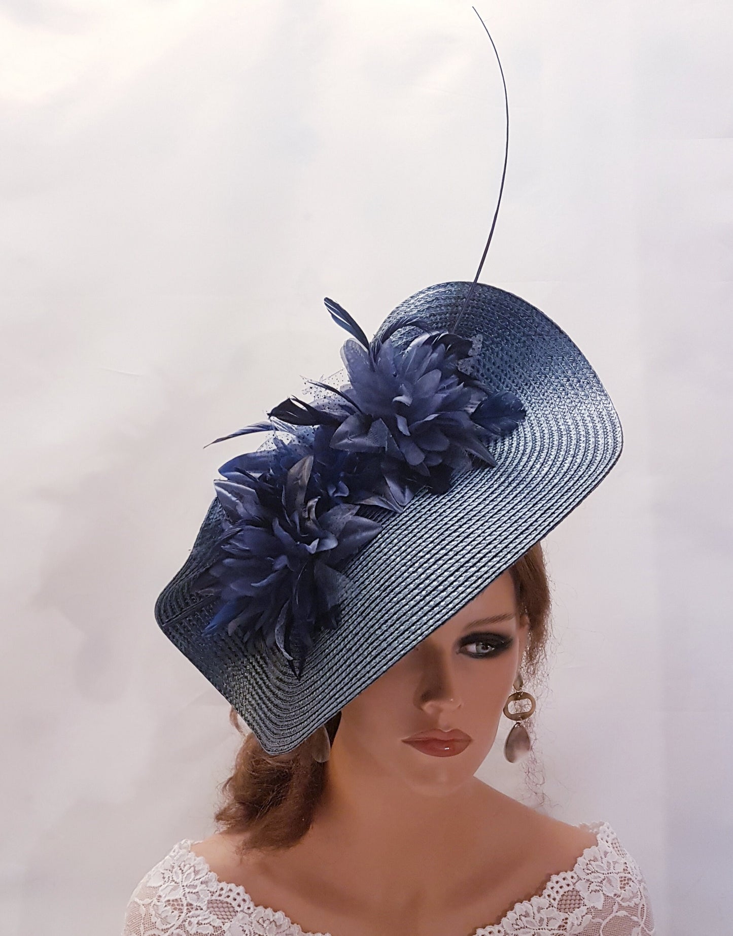 Fascinator NAVY BLUE large saucer hat fascinator Long Quilfeather Floral Church Derby Ascot Race Wedding hat Mother of Bride/Groom Hatinator