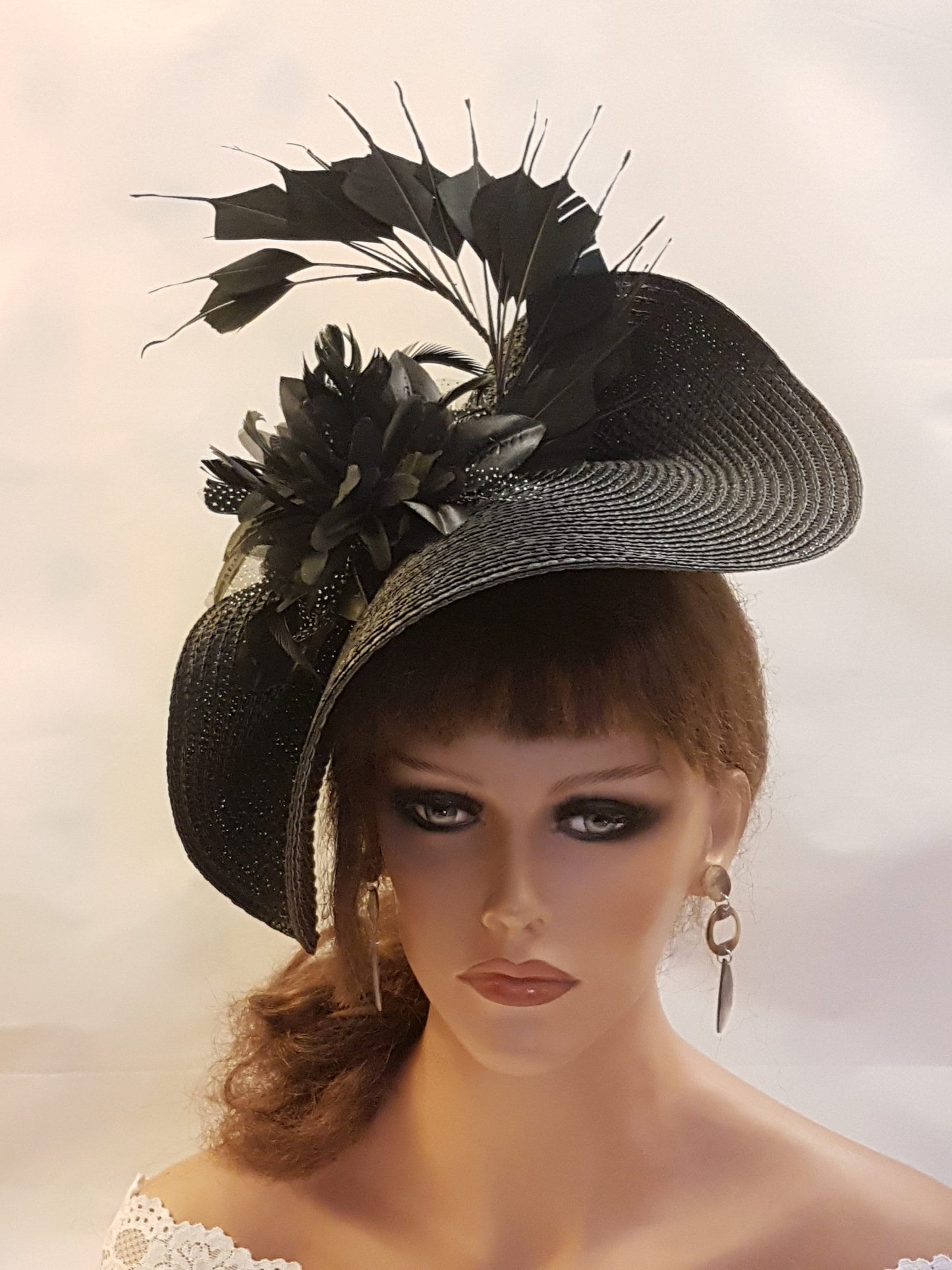 Black Fascinator Hat with Feathers,Flowers.Headwear for Weddings & Races,Halloween,Ladies Headpiece Perfect for Special Occasions and Events