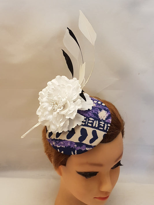 PURPLE PRINT Facinator White / Black Feather Floral Fascinator Hat Race Cocktail Hat Ascot Hat Cocktail hat Wedding headpiece