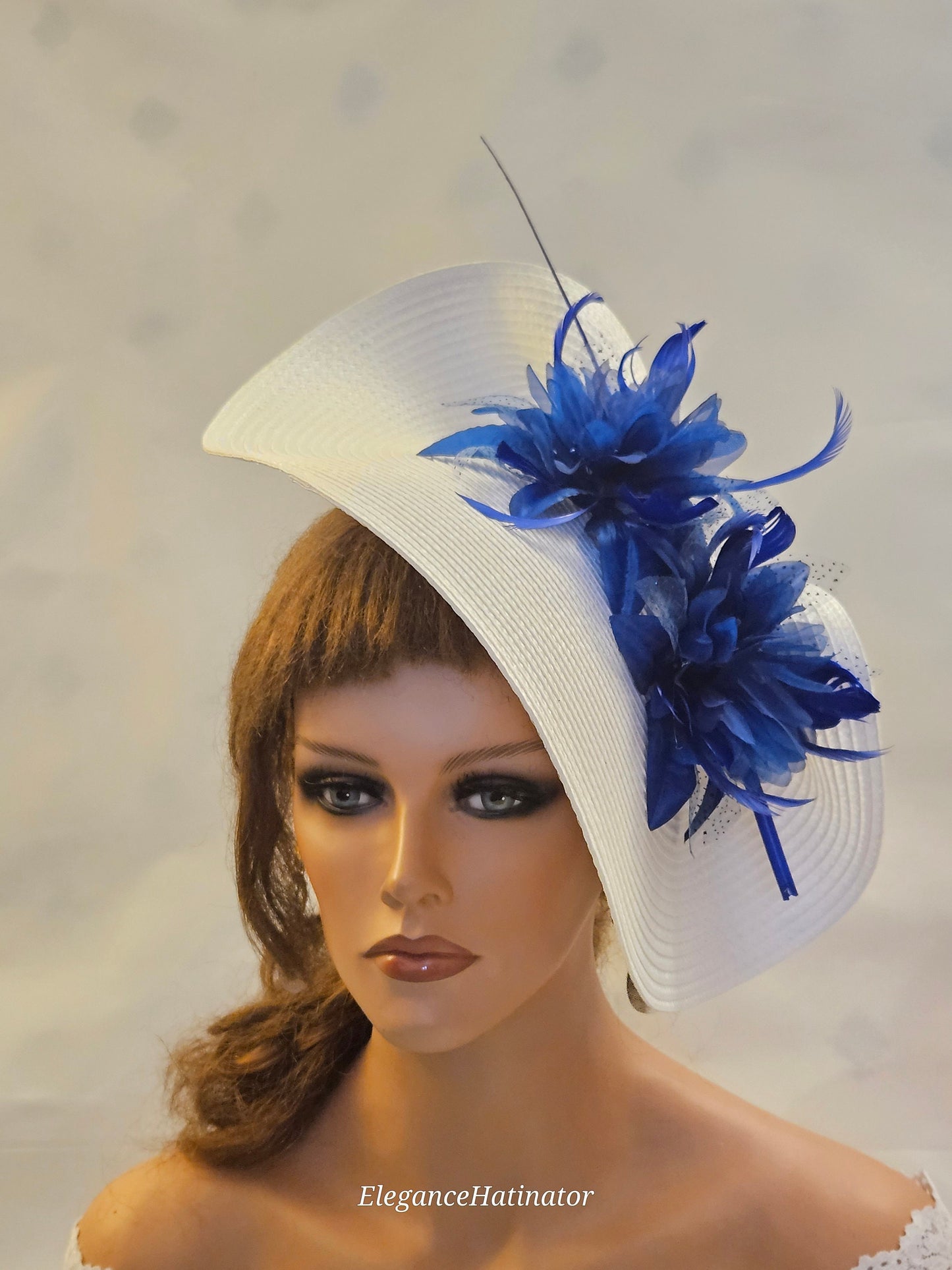 WHITE & BLUE Fascinator Hat large saucer hatinator long Quil Floral Church Derby Ascot Wedding TeaParty hat Mother of Bride/Groom Facinator