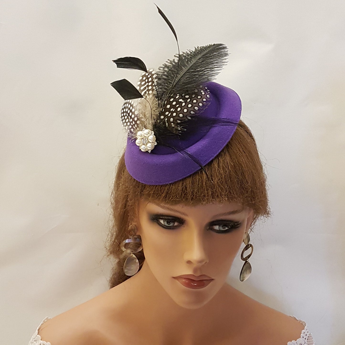 Purple Fascinator Hat Feathers & Pearl,Church,Special Occasion Women's Headpiece Handmade with Black Speckled Feathers Weddings Royal Ascot