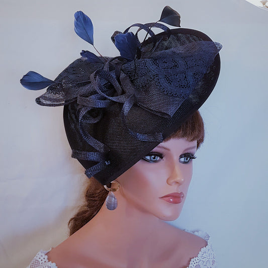 NAVY BLUE fascinator large saucer hat feather hatinator Church Derby Royal Ascot Wedding Party hat Mother of Bride/Groom Hat Fascinator