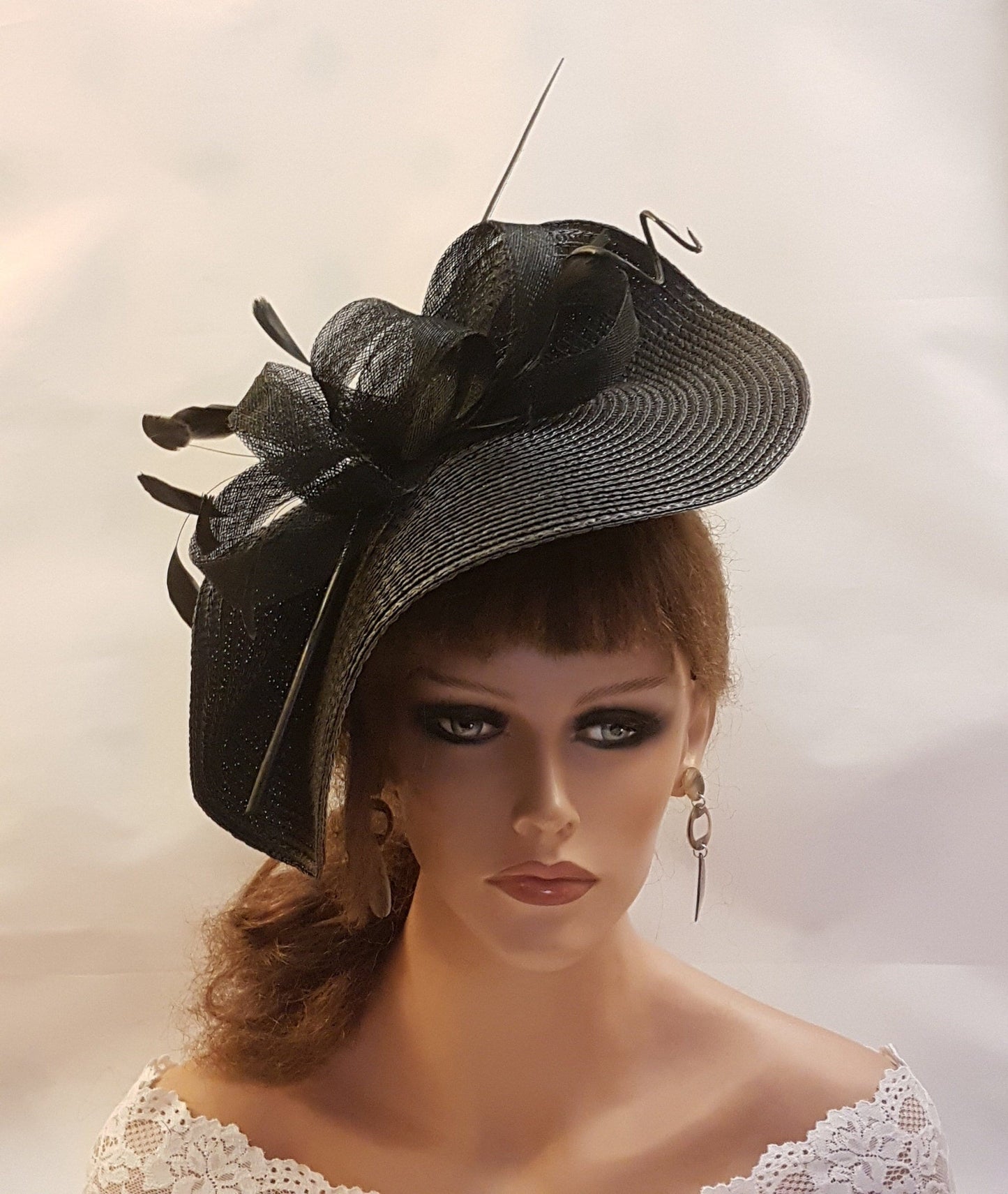 BLACK Hat Fascinator Large saucer Hatinator Long quil Feather French Nett Veil Wedding Ceremoney Mother of bride HatAscot Hat Fascinator