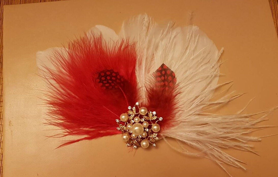 Feather Hair Clip Gatsby Feather Fascinator Feather Hair Piece,Wedding Hair Accessory Gold tone jewel  Red feather fascinator Cocktail clip