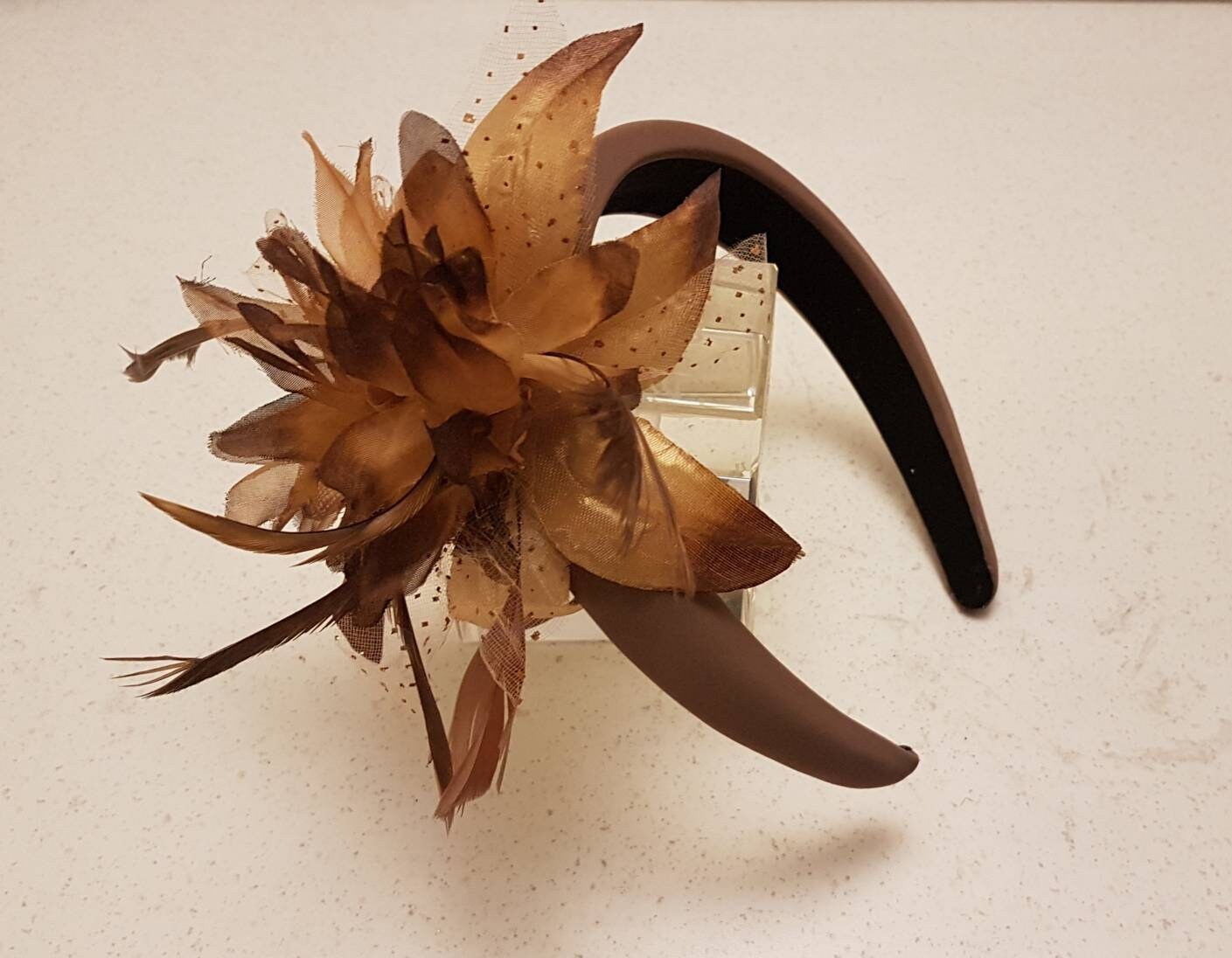 BROWN  Feather Flower SUEDE Padded Headband Fascinator Headpiece Halo Padded Hair Crown Races Wedding Prom