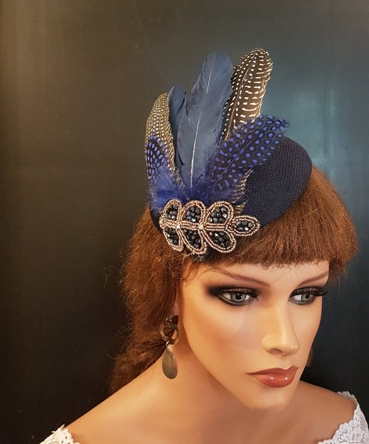 NAVY HAT FASCINATOR #Navy Blue Feather Hat Fascinator Sparkly Crystal Beads Jewel Gatsby headpiece Race Cocktail Ladies Ascot Hat Fascinator