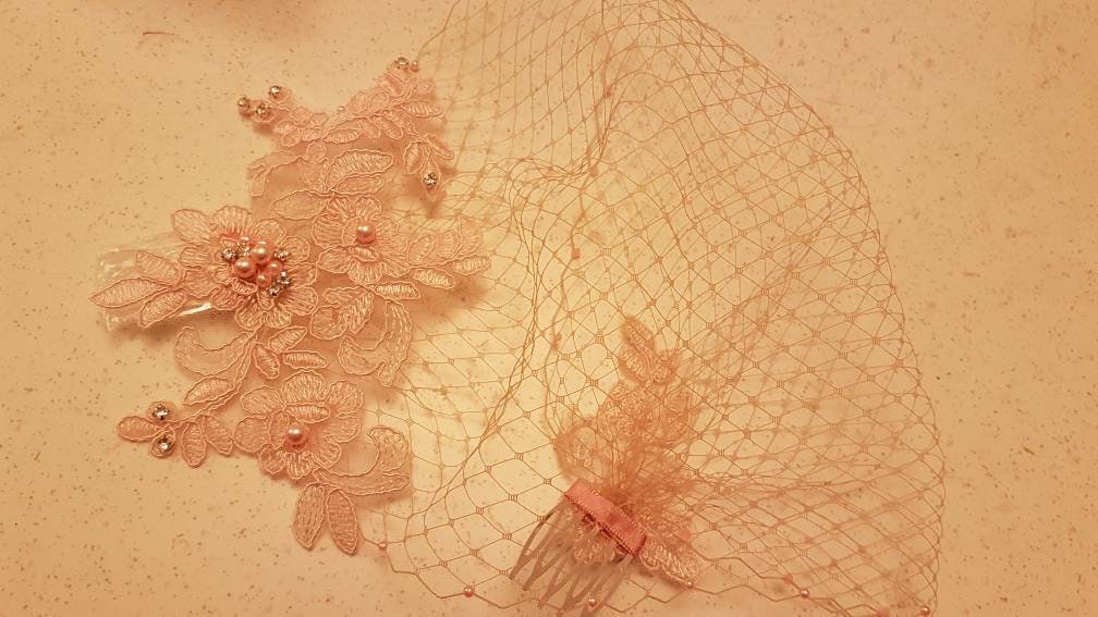 Voile de cage à oiseaux blanc, ivoire, voile de cage à oiseaux de mariée rose blush, fascinateur de mariage en dentelle de mariée, voile de perle de diamant blush, voile de cage à oiseaux de mariée