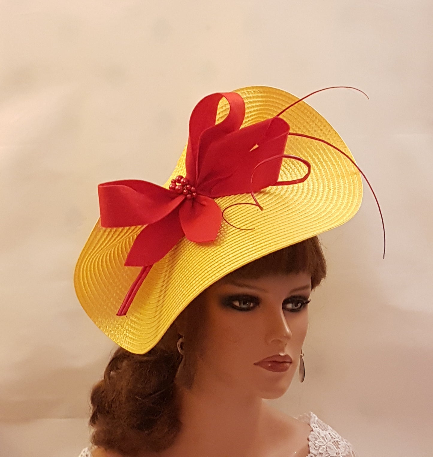 YELLOW & RED  facinator Hat Large saucer hatinator long quil Floral Church Derby Ascot Wedding TeaParty hat Mother of Bride/Groom Hatinator