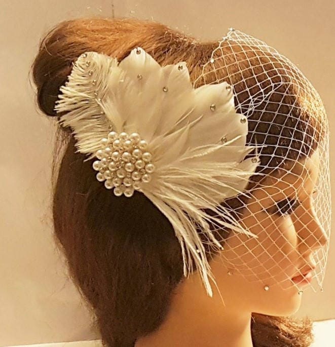 Bridal Birdcage veil Feather fascinator-EleganceFascinator