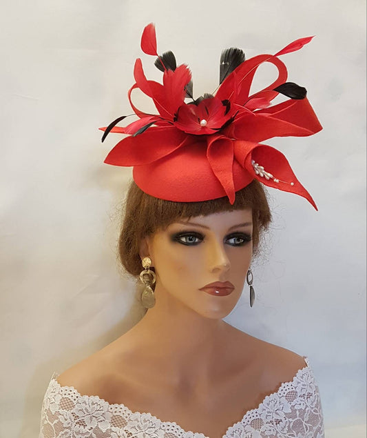 Red  HAT FASCINATOR  Felt hat feather fascinator Wedding,Cocktail,Church,special occasion ,Kentucy derby Ascot Felt hat fascinator