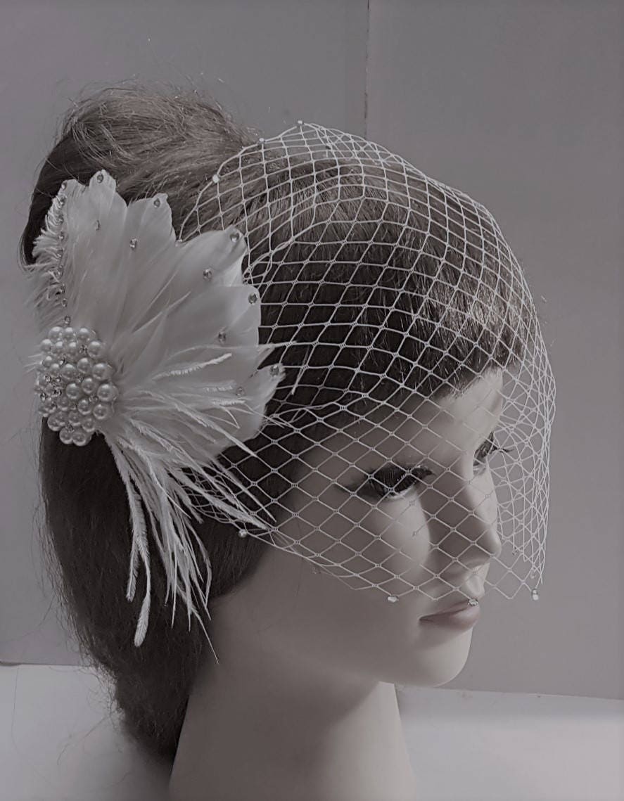 Bridal Birdcage veil Feather fascinator-EleganceFascinator