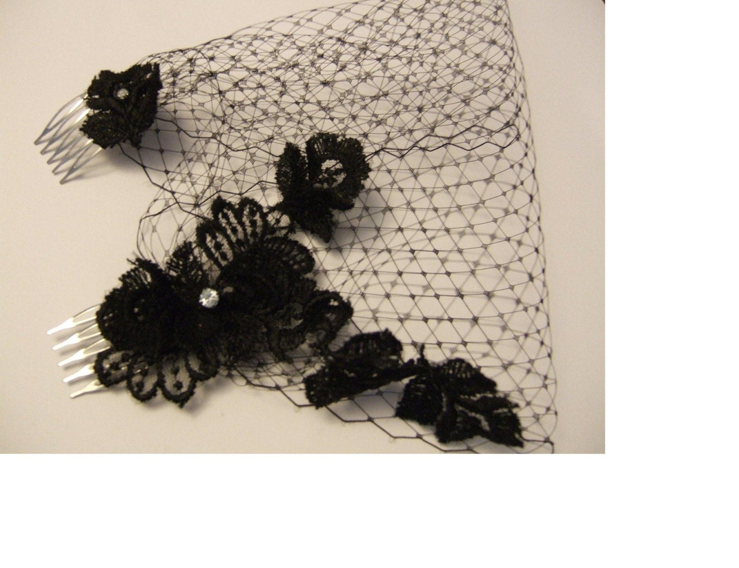 Black Birdcage veil  Blusher Veil 9 inch Bandeau veil French net veil Black flower motif fascinator Black face veil Black french net veil