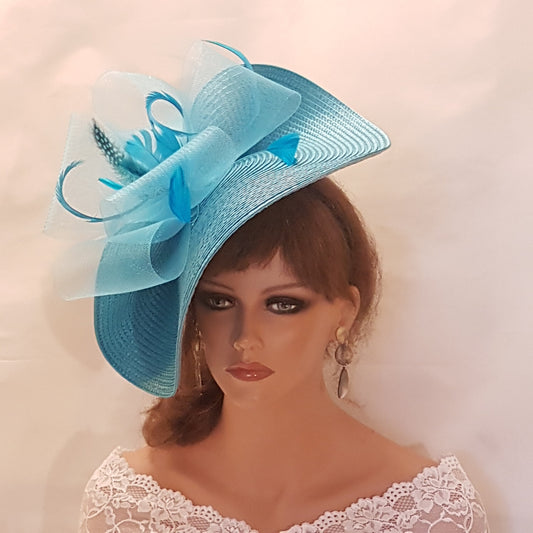 Chapeau fascinateur BLEU grande soucoupe Chapeau PLUME bleu TURQUOISE Chapeau d'église Derby Ascot Chapeau de fête de mariage royal Chapeau de mère de la mariée/du marié