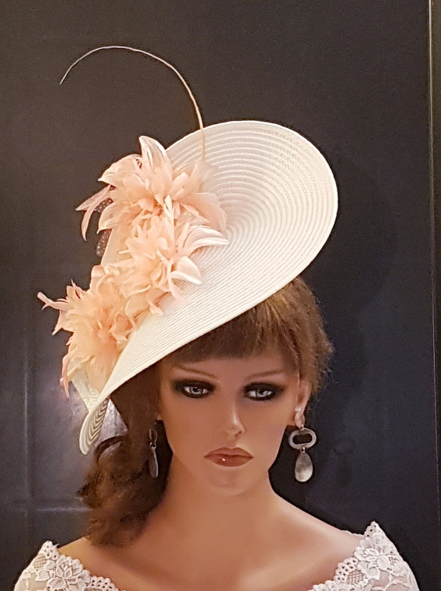 White & Pink fascinator Hat. Large saucer hatinator Quil Floral Church DerbyAscot Race Wedding TeaParty hat Mother of Bride/Groom Hatinator