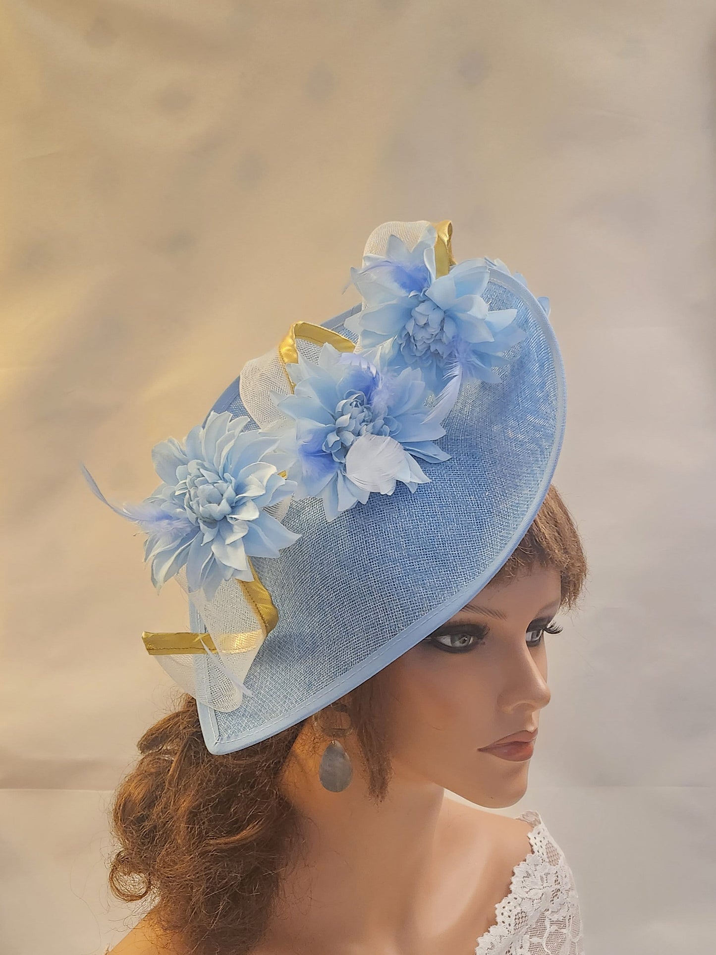 Blue Fascinator Large saucer hatinator long Swril & Floral Hat Church Derby Ascot Royal Wedding TeaParty hat Mother of Bride/Groom Hatinator