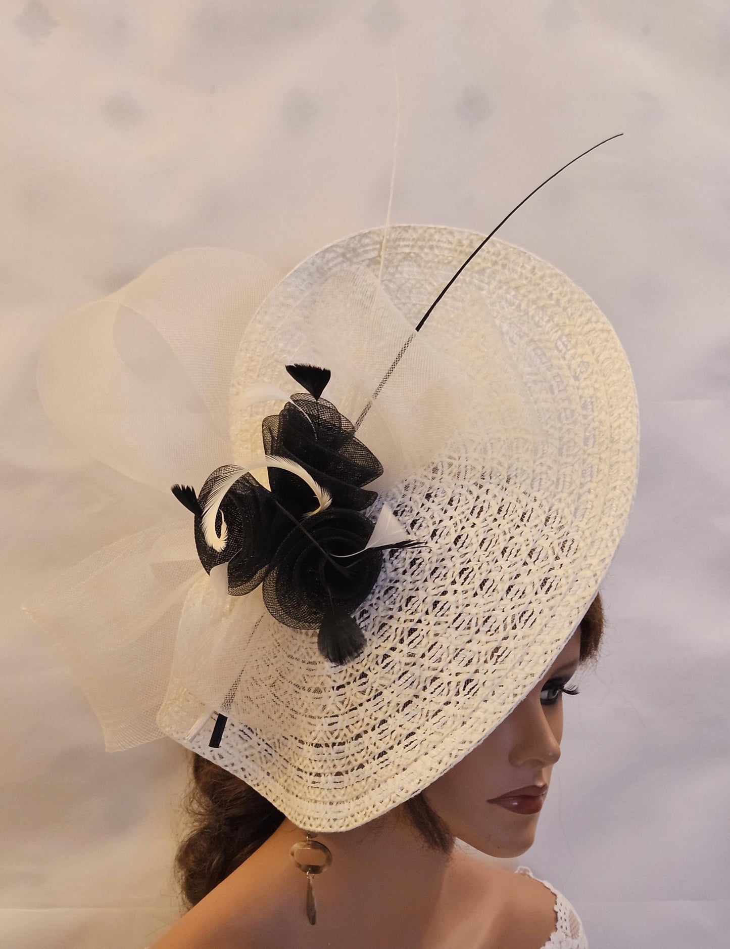 Ivory & Black fascinator large  hatinator Feather Floral Church Derby Royal Ascot Hat Race Wedding Party hat Mother of Bride/Groom Hatinator