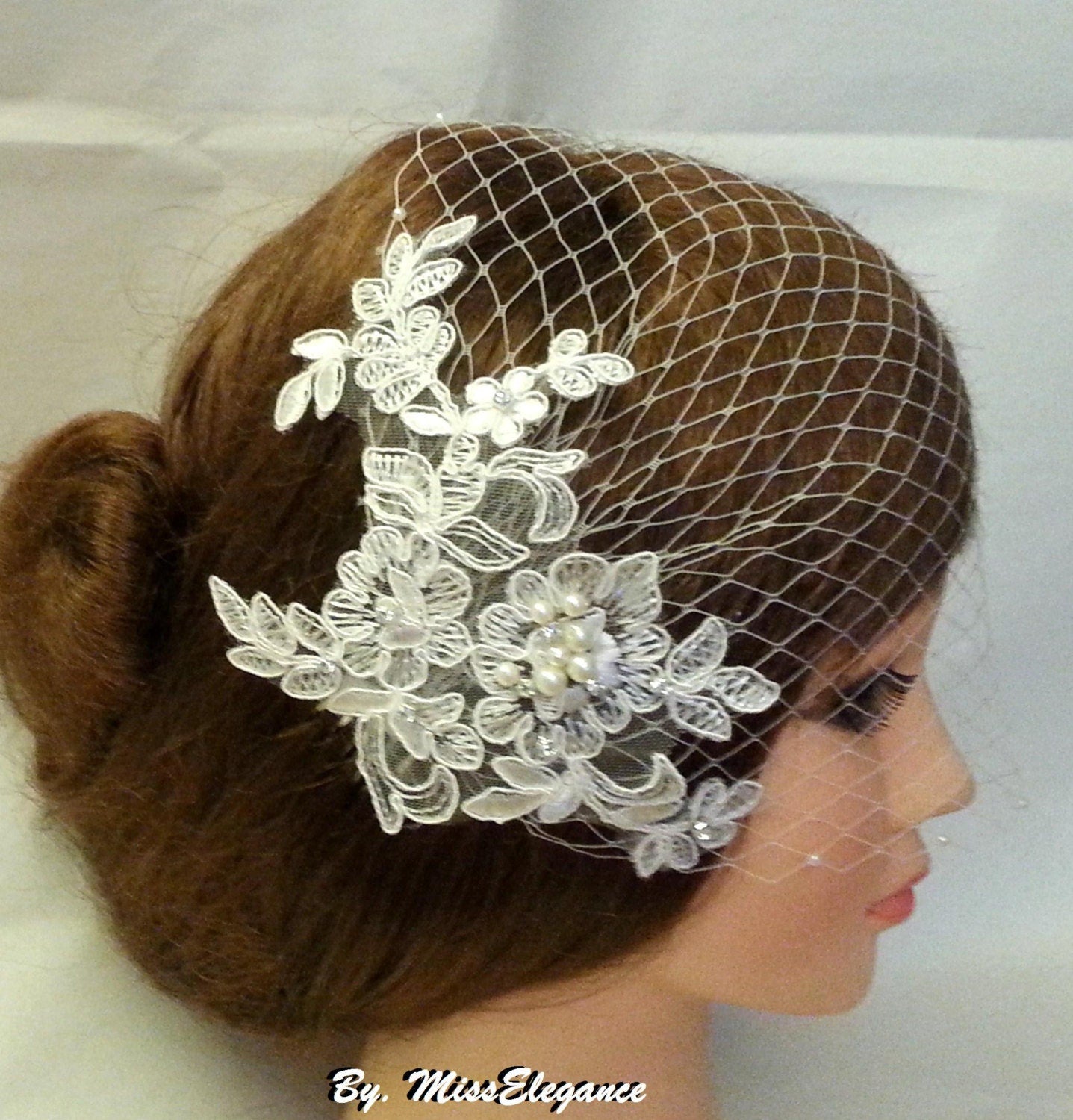 Bridal Birdcage veil White, Ivory bridal veil  Bridal Lace fascinator Diamonte Pearl Blusher veil, Wedding hair accessory -EleganceFascinator