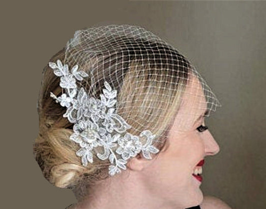 Voile de cage à oiseaux Blanc, Voile de mariée ivoire Fascinateur de dentelle de mariée Diamonte Pearl Blusher voile, Accessoire de cheveux de mariage Voile de cage à oiseaux de mariée