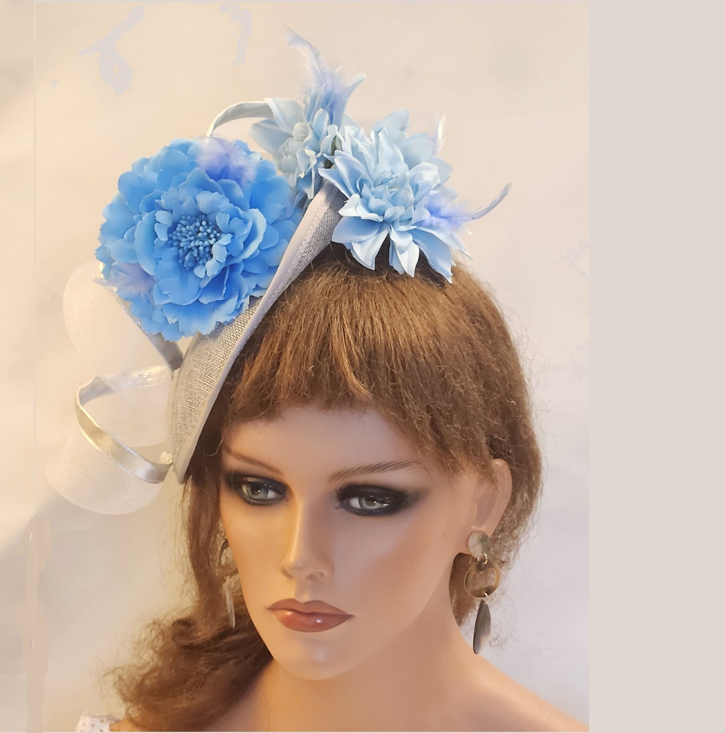 SILVER Grey and Blue Fascinator Hat . Blue Flowers & Swril Church Derby Ascot Wedding Hesdwear TeaParty hat Mother of Bride/Groom Hatinator