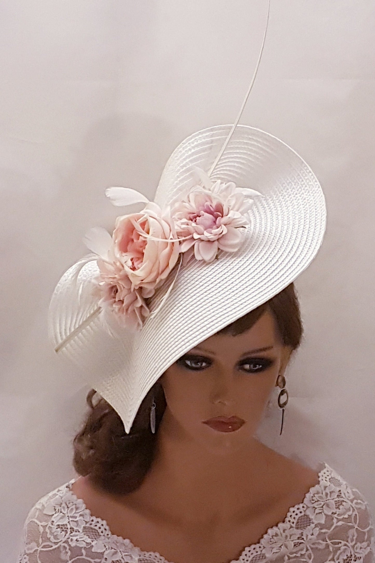 White & Pink fascinator Hat. Large saucer hatinator Quil Floral Church Derby Ascot Race Wedding TeaParty hat Mother of Bride/Groom Hatinator-EleganceFascinator