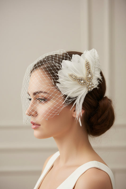 Ivory 1920s bridal fascinator with birdcage veil and crystal feather hair clip