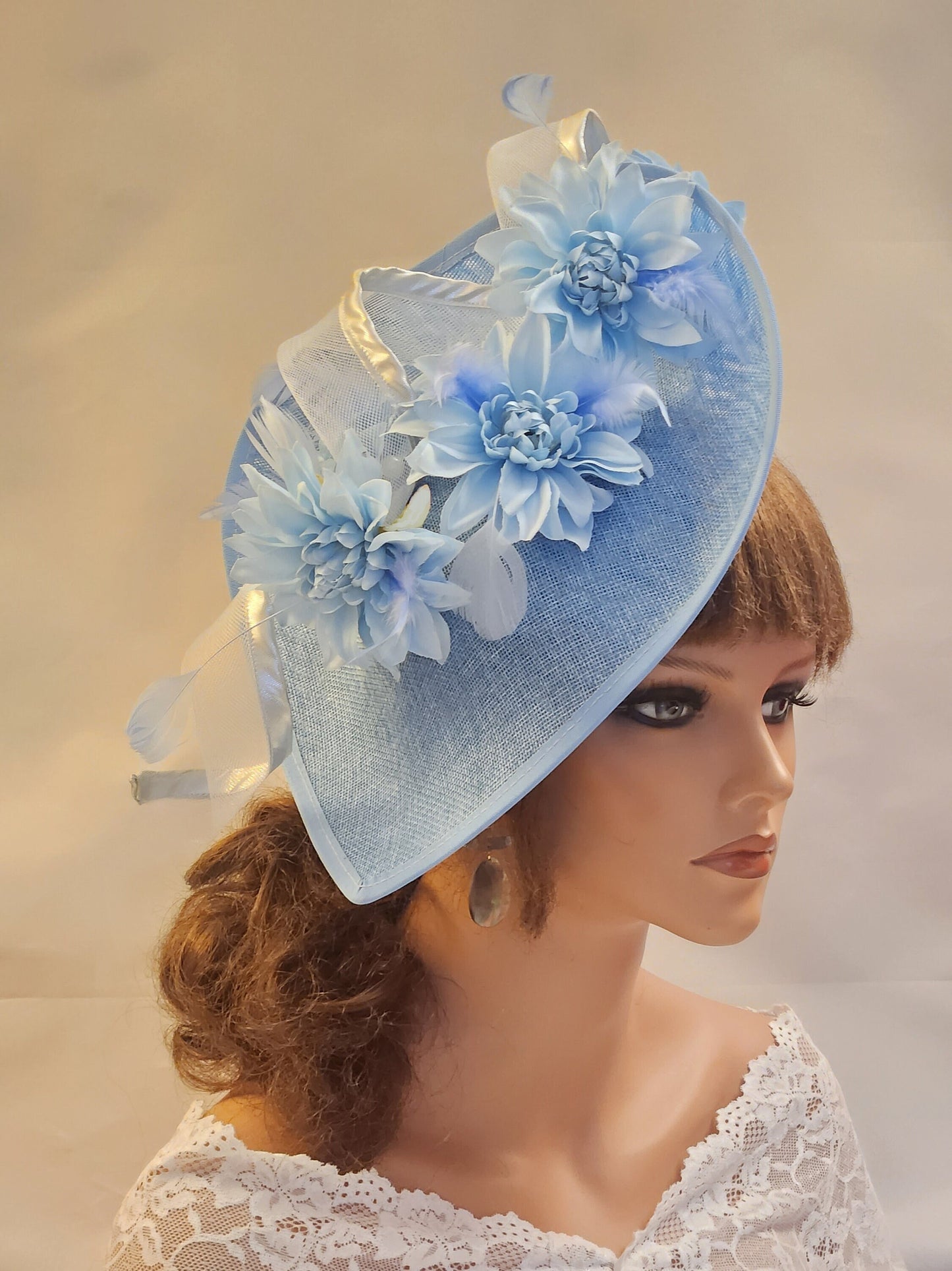 Blue Fascinator Large saucer hatinator long Swril & Floral Hat Church Derby Ascot Royal Wedding TeaParty hat Mother of Bride/Groom Hatinator