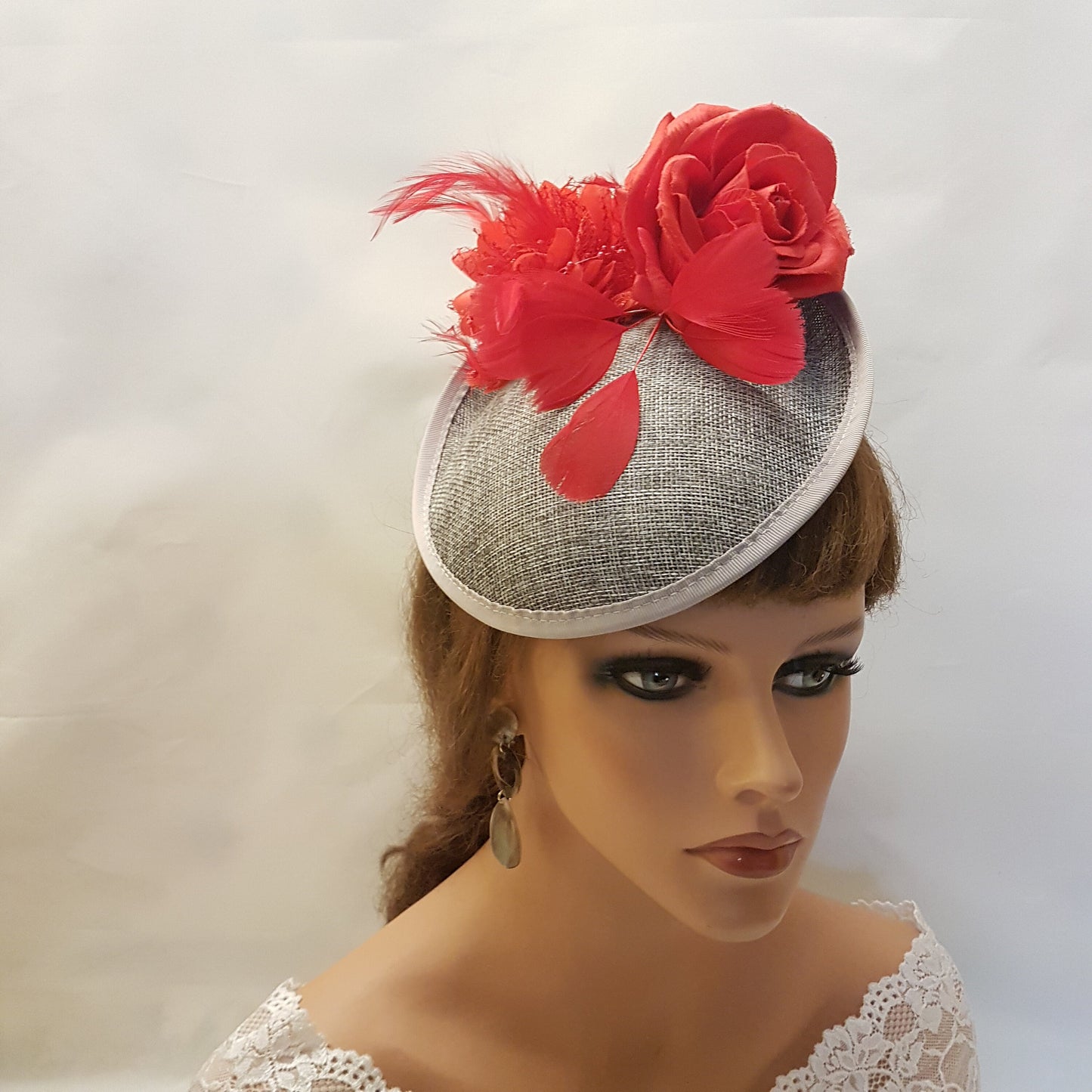 Grey fascinator Hat #Red Flower Feather Hat Ascot Kentucky derby, Wedding,Race,Cocktail,Church hat fascinator Custom colours