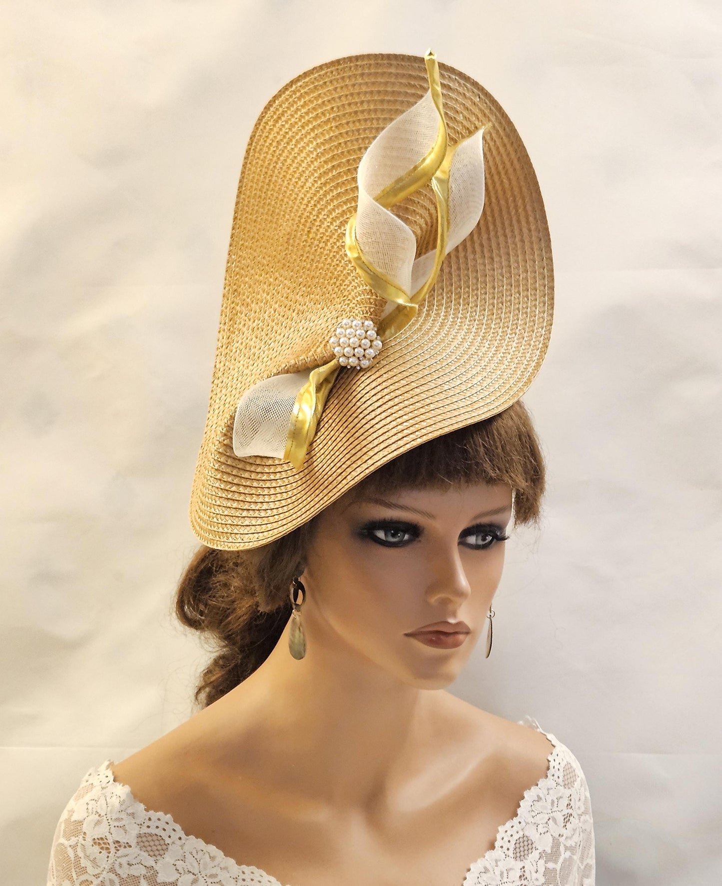 Wide Gold Fascinator Hat with Crin Swril & Pearl Cluster Statement Woven Chic Mustard Gold Hatinator for Wedding,Derby,Mother of bride Hat