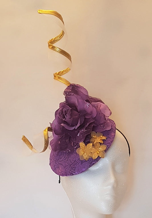 Purple Hat Fascinator Wedding Race Royal Ascot Kentucky derby Cocktail Hat Vintage inspired  fascinator PURPLE and Gold Swirl hat Fascinator