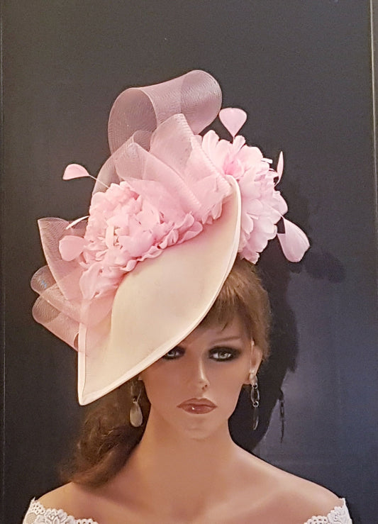 White & Pink Hat Fascinator Large hatinator with Feathers. Floral Church Derby Ascot  Race Wedding Party hat Mother of Bride/Groom- EleganceFascinator