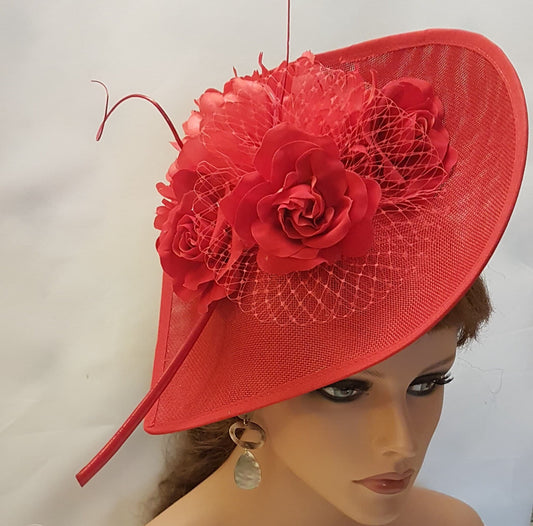 Red Fascinator Hat with Netting,Feathers & Flowers.Perfect for Formal Events,Weddings Race Day,Sophisticated Accessory for any Occasions