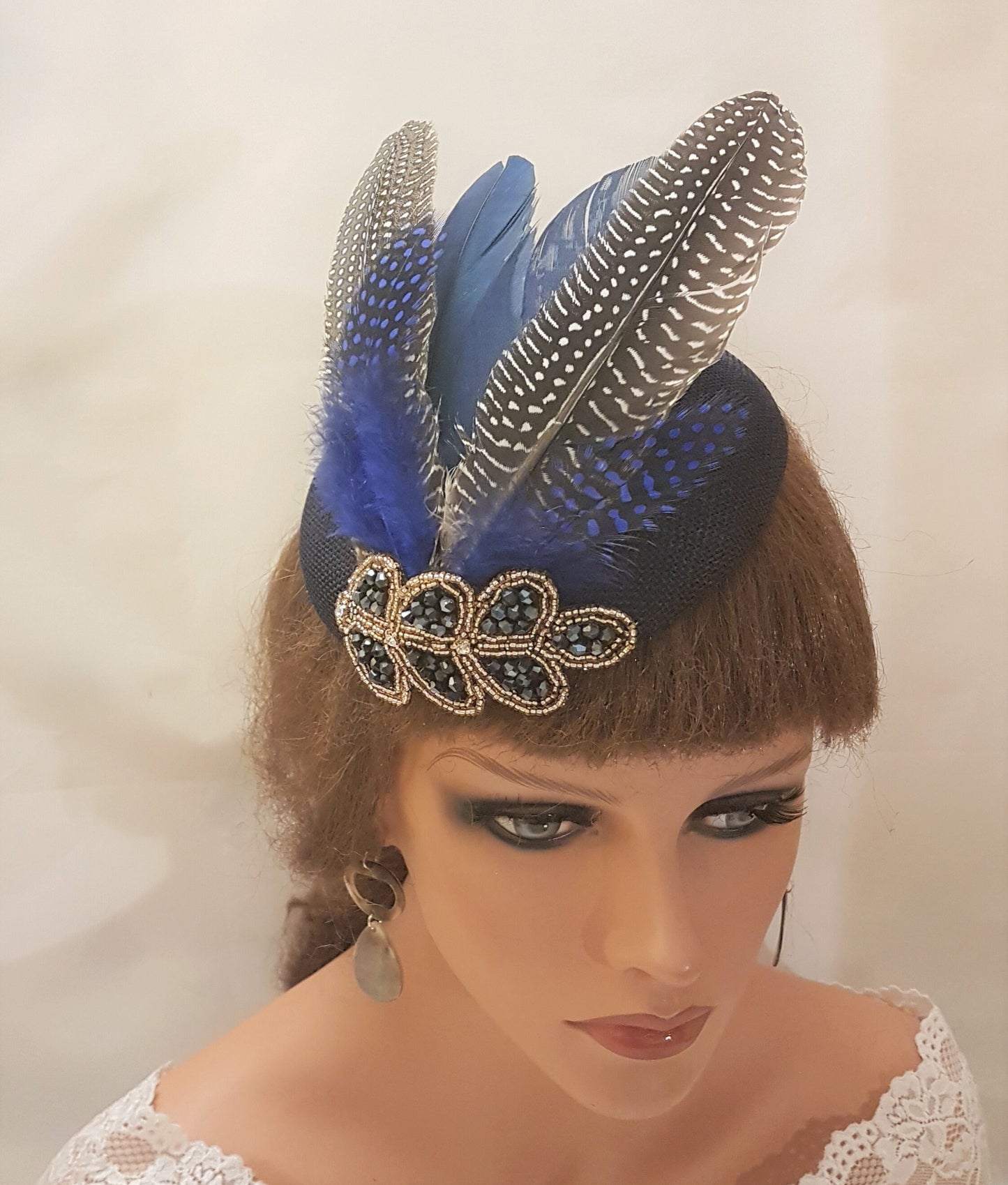 NAVY HAT FASCINATOR #Navy Blue Feather Hat Fascinator Sparkly Crystal Beads Jewel Gatsby headpiece Race Cocktail Ladies Ascot Hat Fascinator