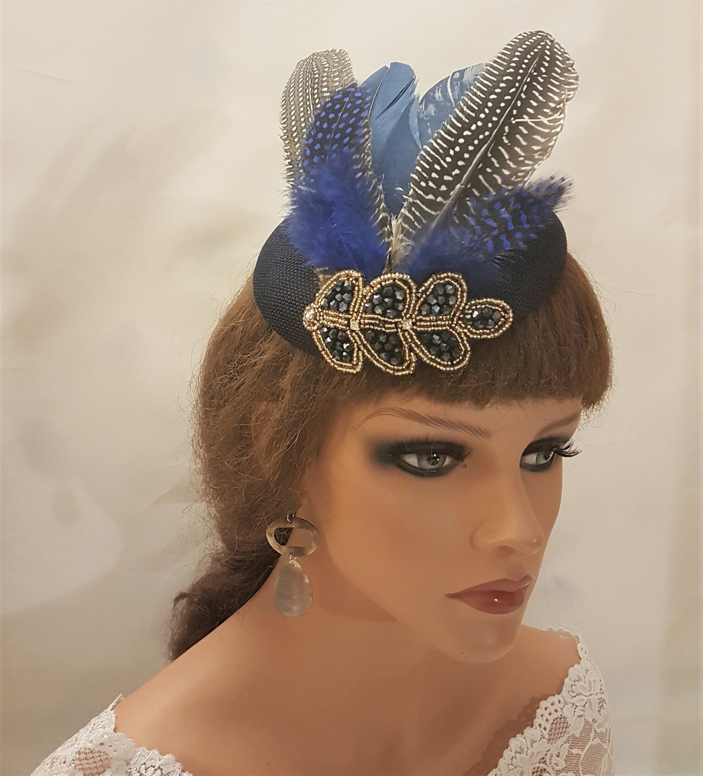 NAVY HAT FASCINATOR #Navy Blue Feather Hat Fascinator Sparkly Crystal Beads Jewel Gatsby headpiece Race Cocktail Ladies Ascot Hat Fascinator