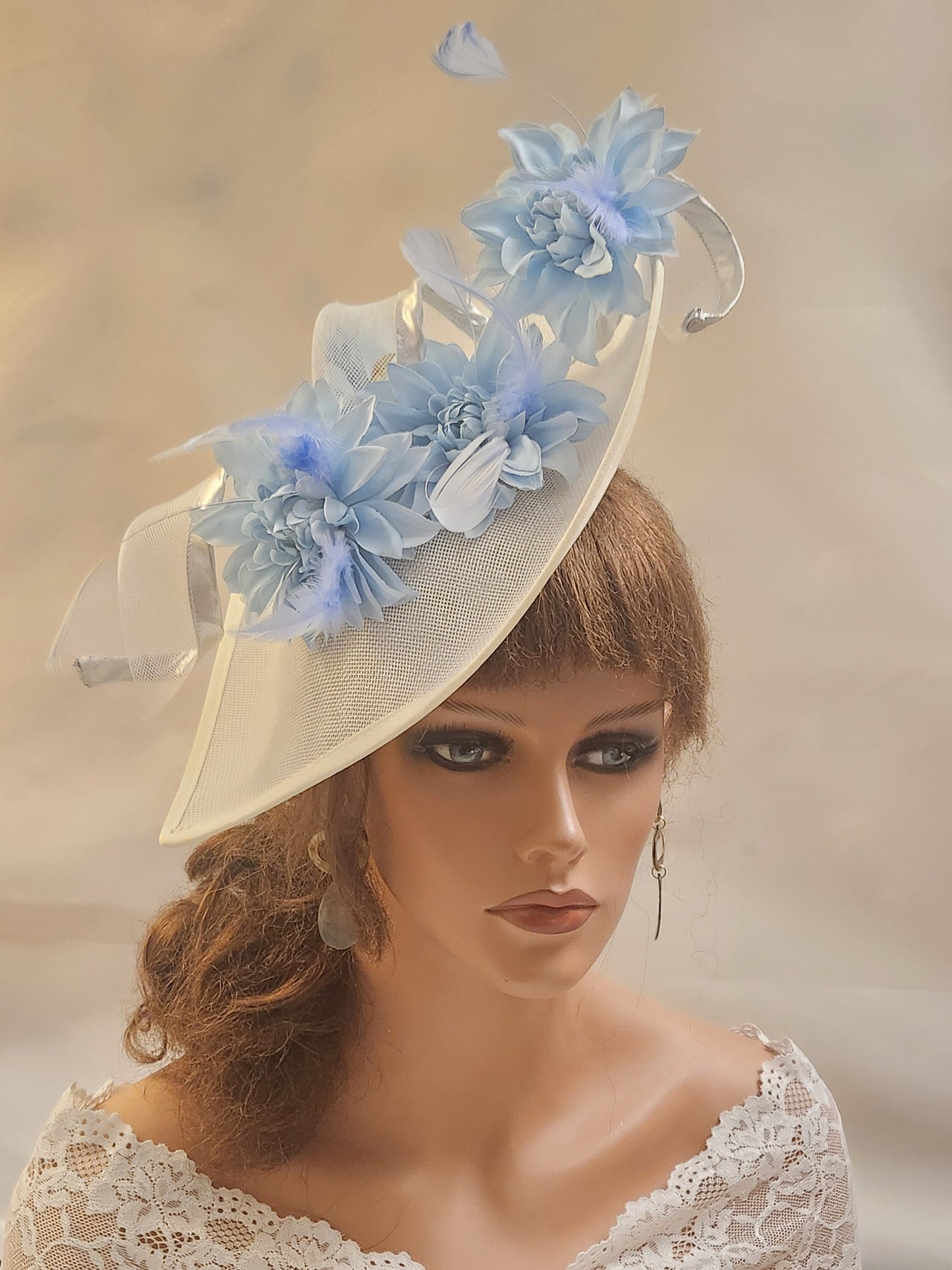 WHITE/ BLUE Fascinator Hat WHITE Teardrop hatinator long Swril Floral Church Derby Ascot Wedding Party Mother of Bride/Groom Fascinator Hat