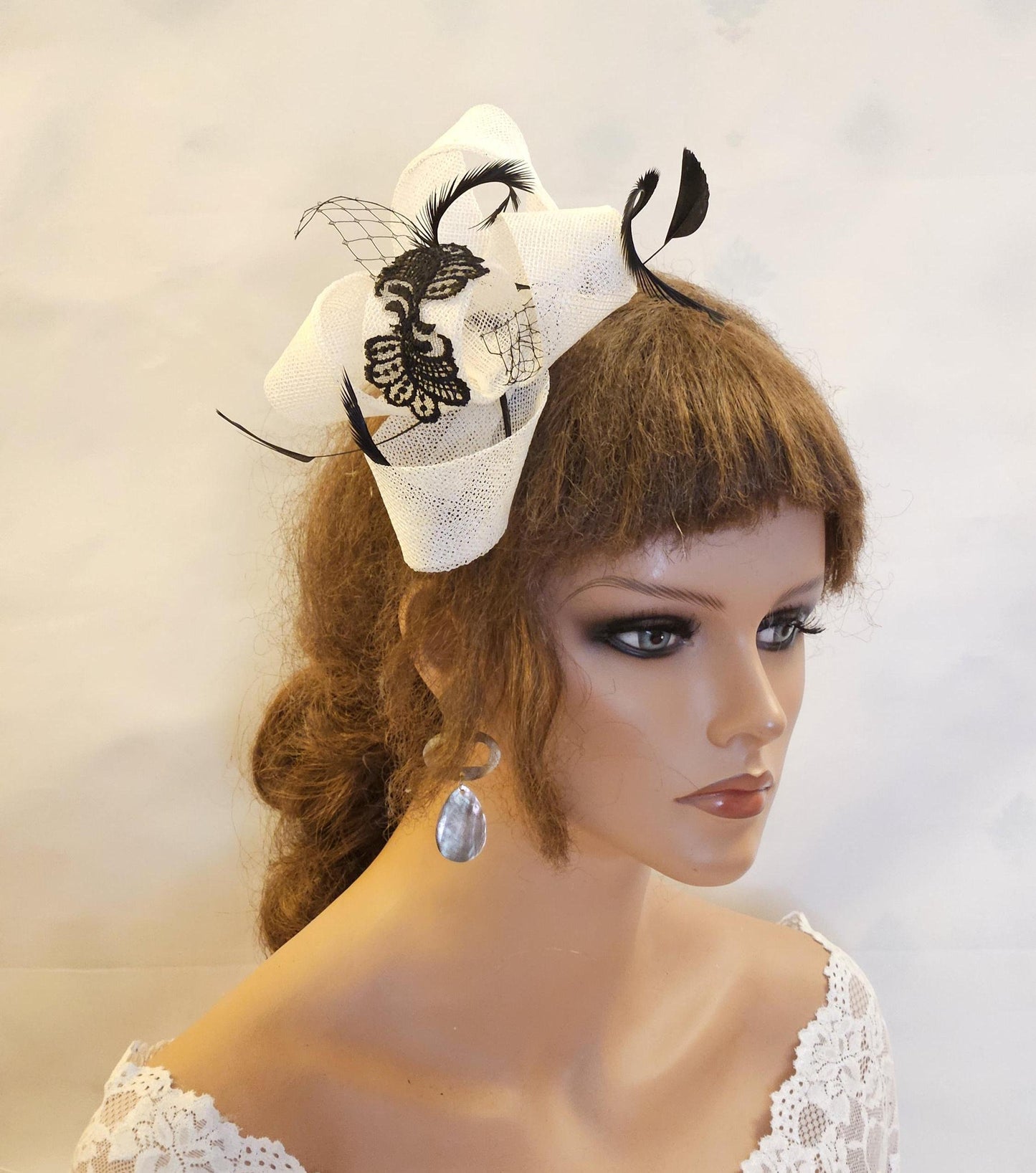 White Fascinator with  Black Featheres & Motif Ivory Champagne,Pink,Navy,Grey,Black ,Royal Ascot, Wedding Cocktail Party Church Headpiece