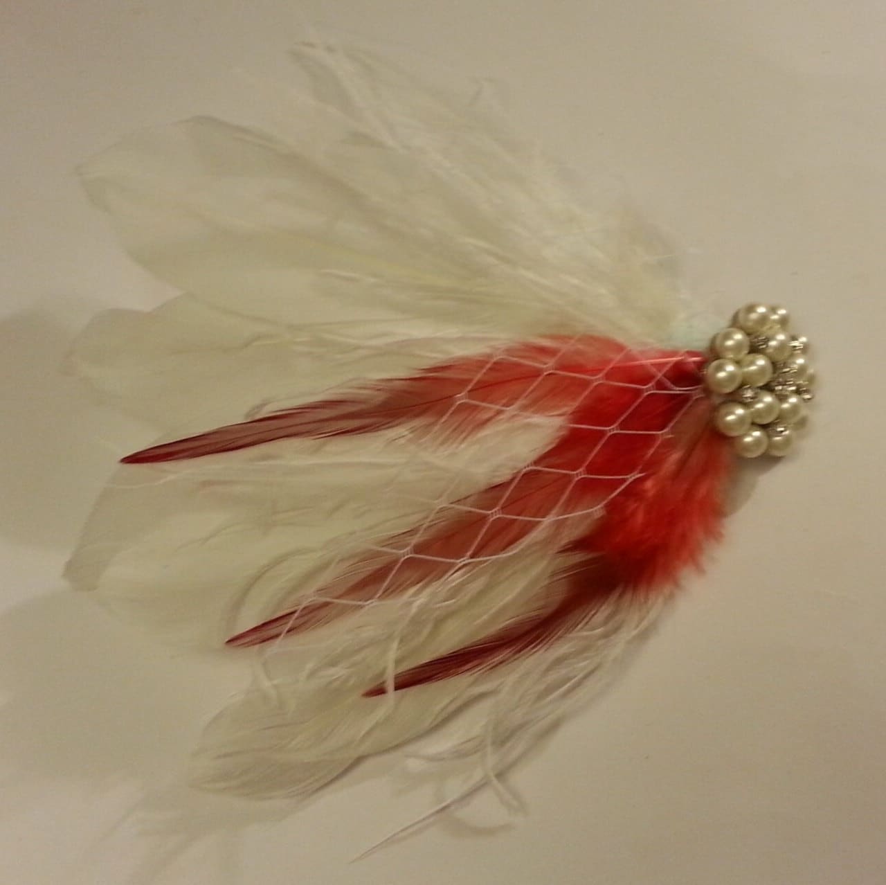 Feather Fascinator Red  White Feather Hair clip, Womens Hair Feather hair clip Bridal hair piece Bridal Bridesmaids Feather fascinator