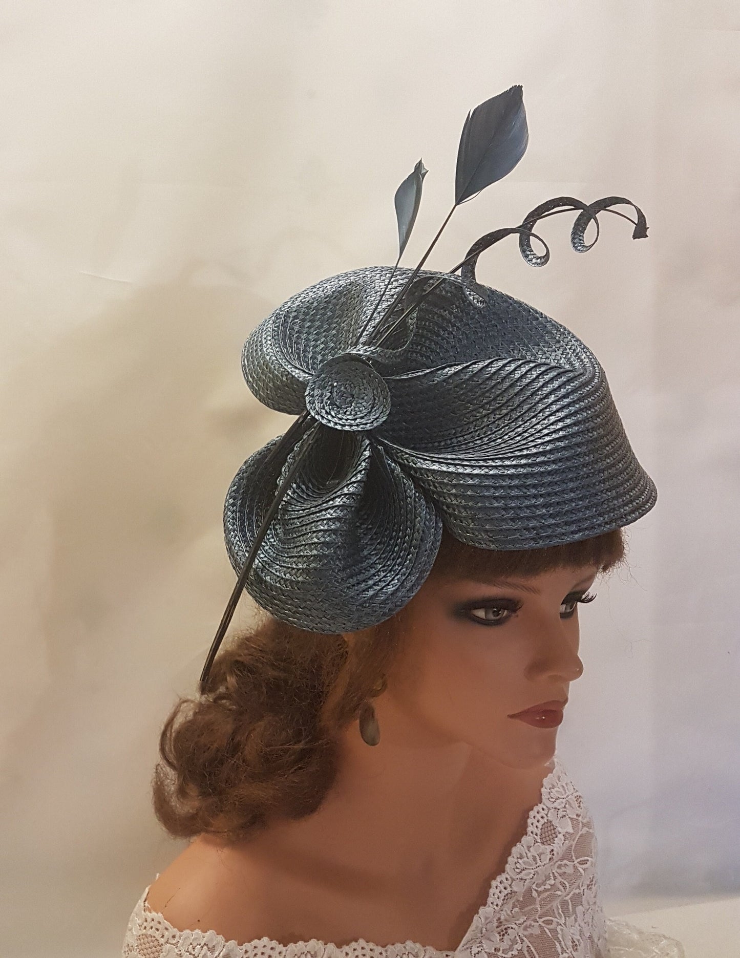 Fascinator DARK GREY / NAVYBLUE Grey large hatinator long Quil Church Derby Ascot Royal Wedding TeaParty hat Mother of Bride/Groom Hatinator