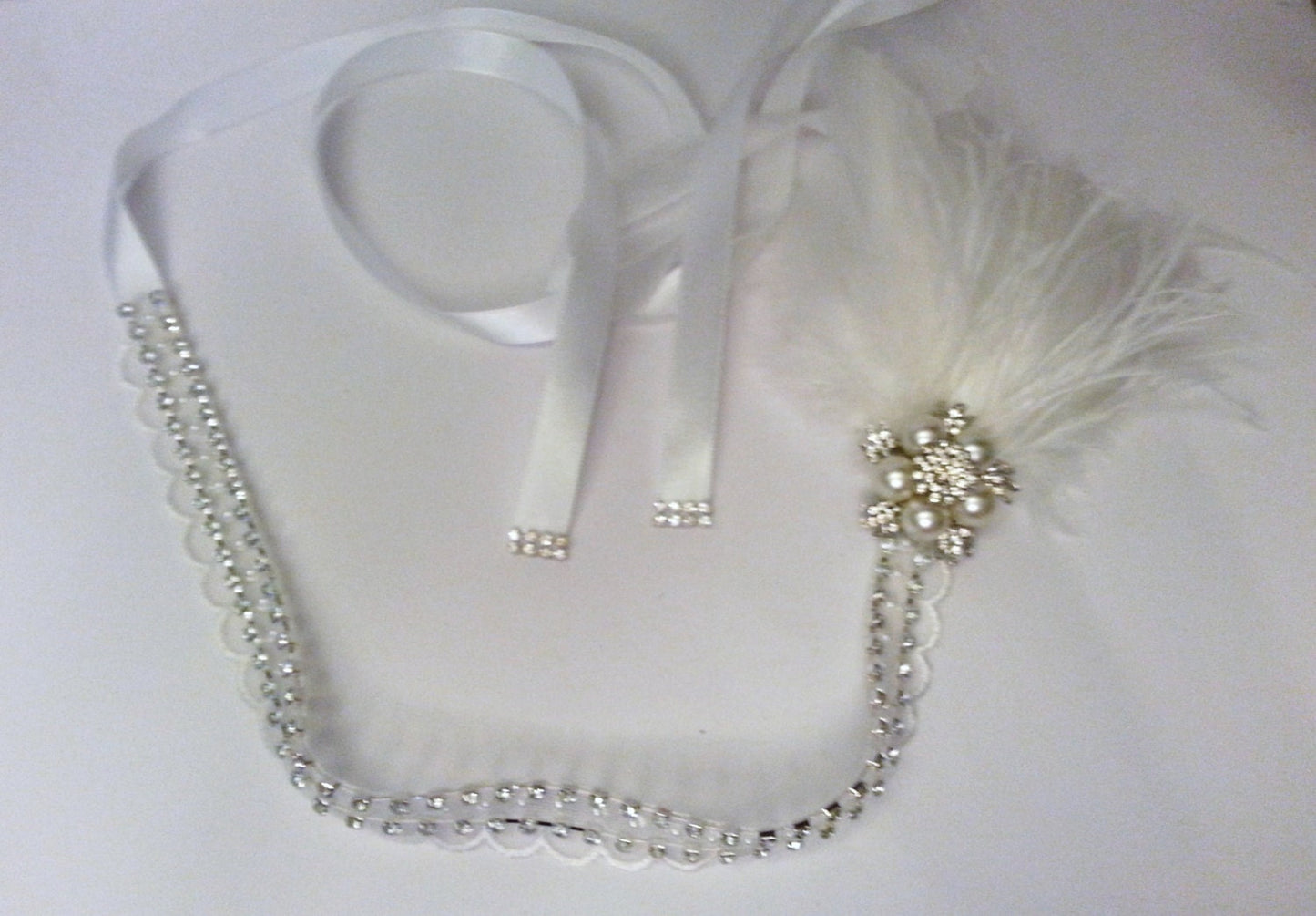 1920s 40s  boho Gatsby flapper headband Headpiece, Bridal White or Ivory fascinator with Crystal Beaded lace and Ostritch fringe Feather