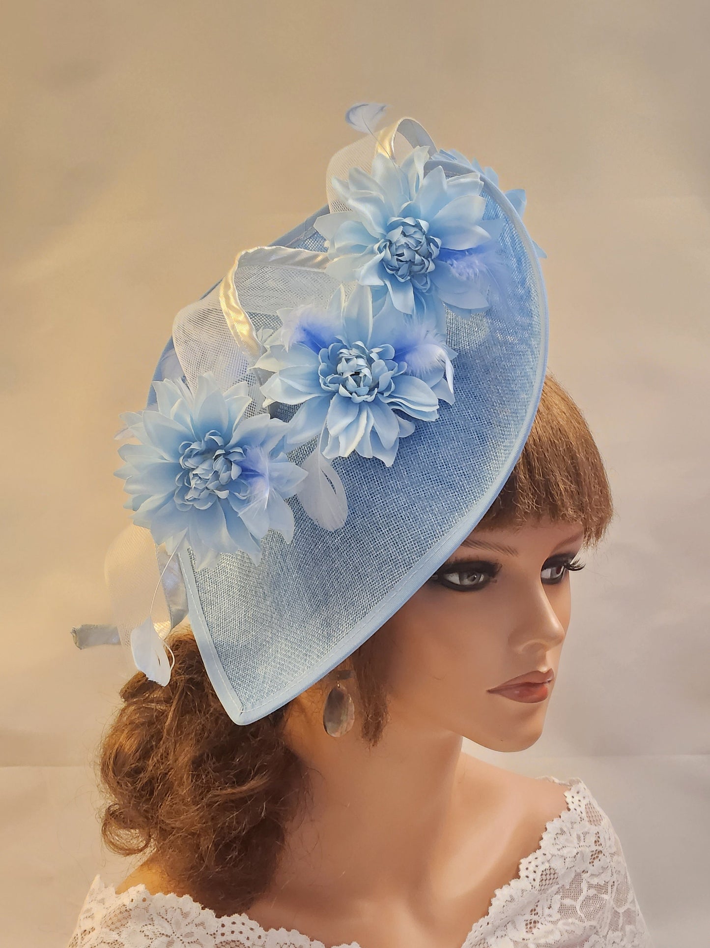 Blue Fascinator Large saucer hatinator long Swril & Floral Hat Church Derby Ascot Royal Wedding TeaParty hat Mother of Bride/Groom Hatinator