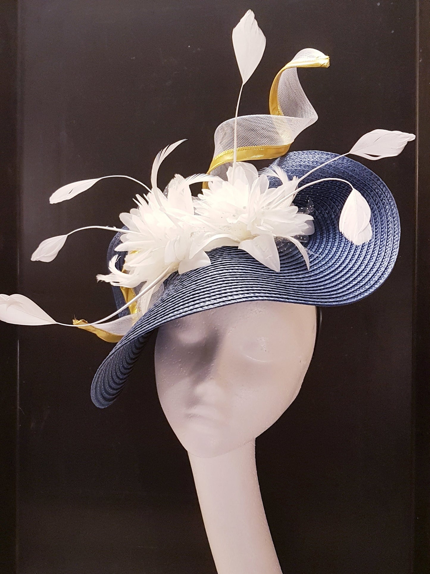 BLUE & WHITE HAT Fascinator Silver or Gold Swril Floral Hatinator Wedding, Race,Ladies Day, Womens hat, Mother of bride-Groom hat fascinator