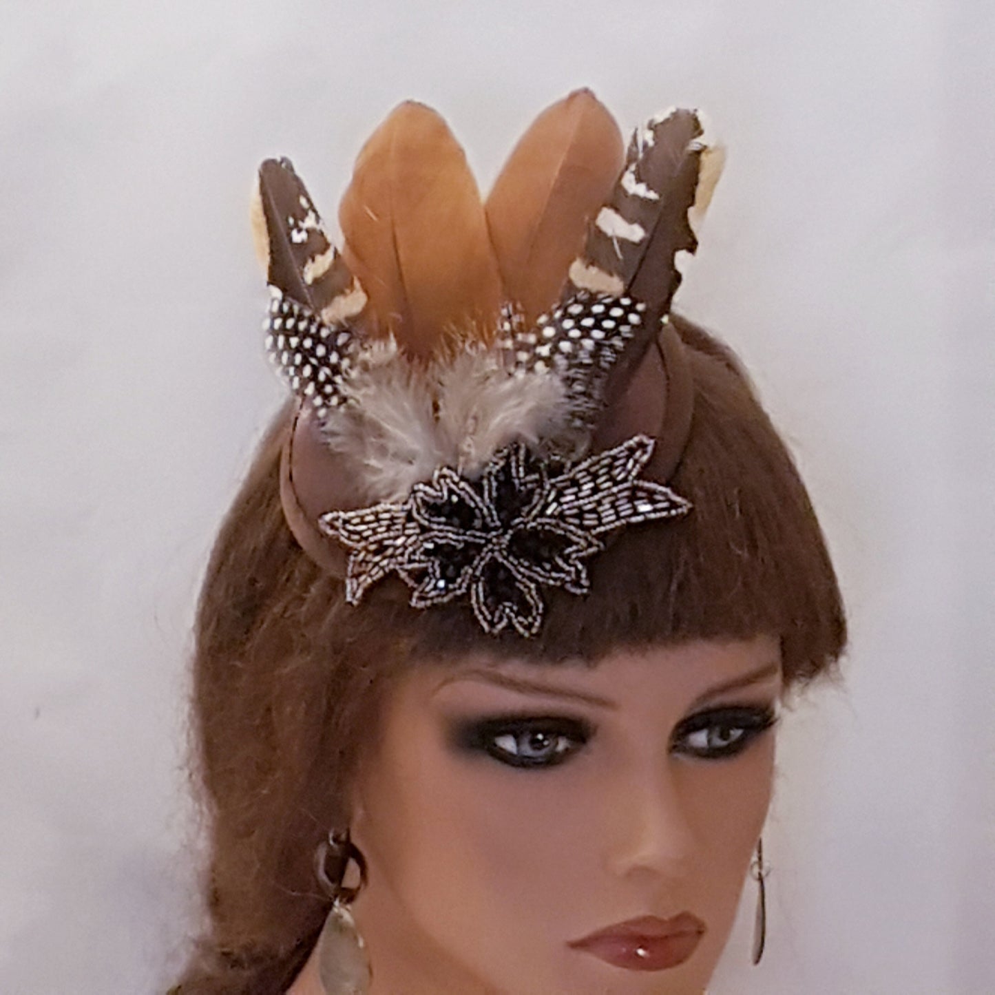 BROWN HAT FASCINATOR #Hat Fascinator. Crystal Beads jewel and Brown Feather Hat Fascinator, Race, Cocktail Ladies day, occasion pilllbox hat