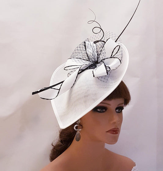 WHITE FASCINATOR HAT Long Quill Feather & French Netting Large Hatinator Wedding Ceremoney Cocktail Races Hat White and Black hat fascinator