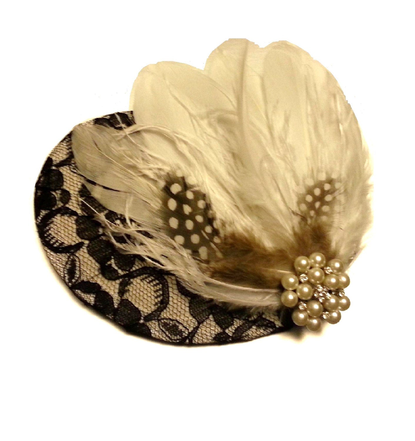 Fascinateur en plumes noires et blanches des années 1920, chapeau en plumes, grandes perles, bijou en cristal, mariage, Ascot, cocktail, fête