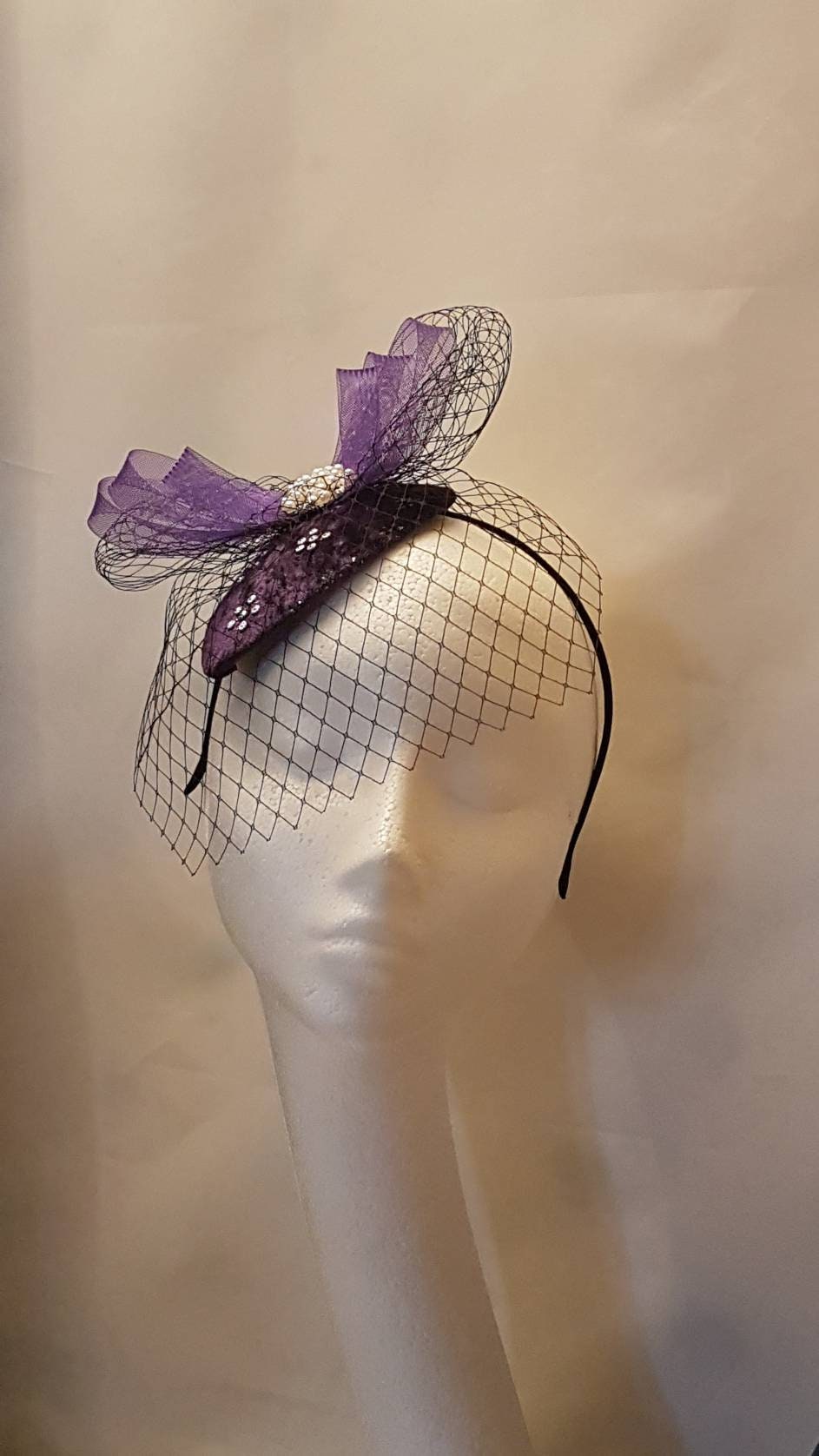 PURPLE Fascinator, Purple Velvet FASCINATOR Hat with mini veil hat, Race,Cocktail,Ascot,Cocktail fascinator hat,Wedding headpiece,Hatinator