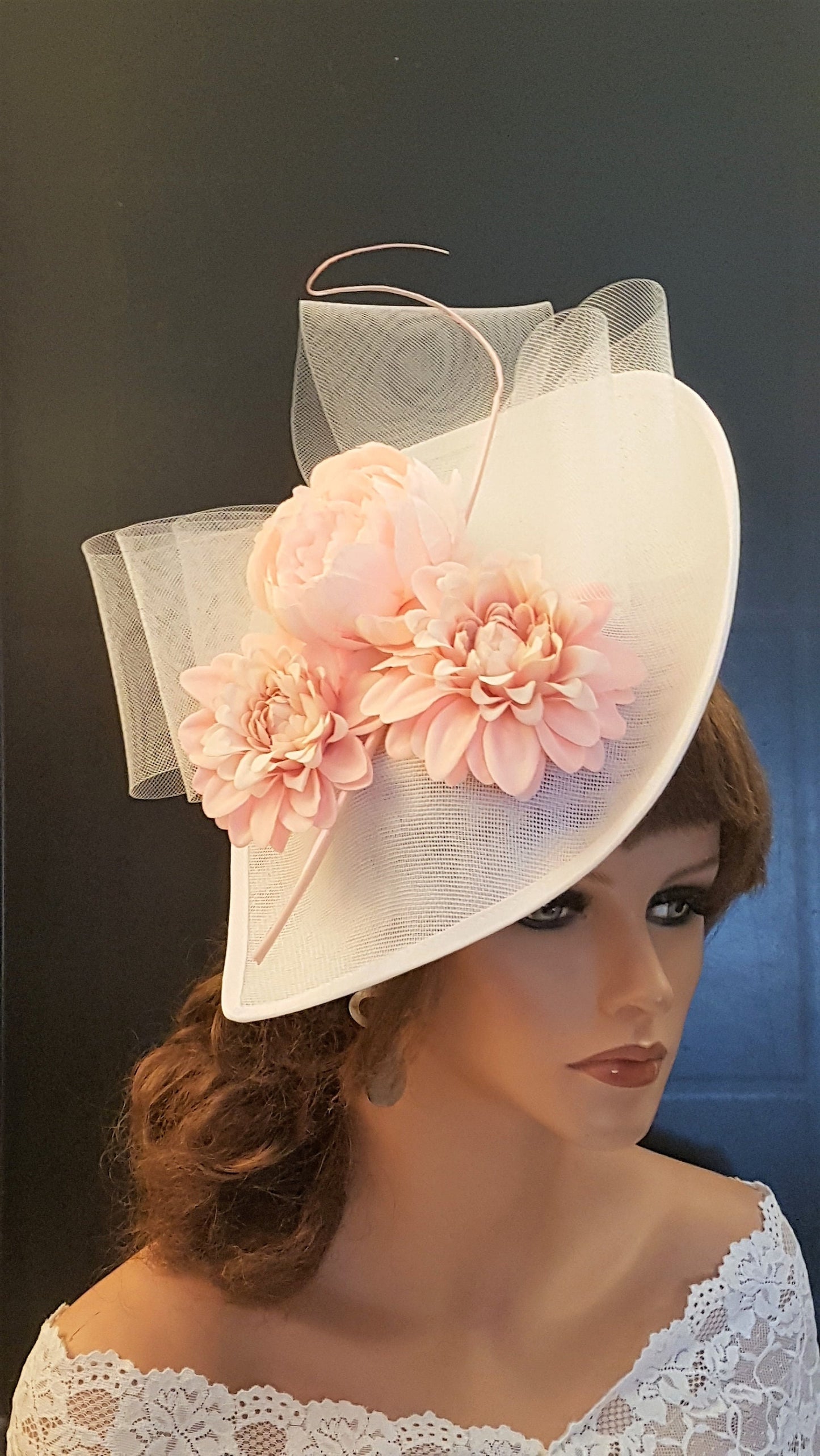 White & Pink fascinator large Teardrop hatinator Quil Floral Church Derby Ascot Hat Race Wedding Party hat Mother of Bride/Groom Hatinator