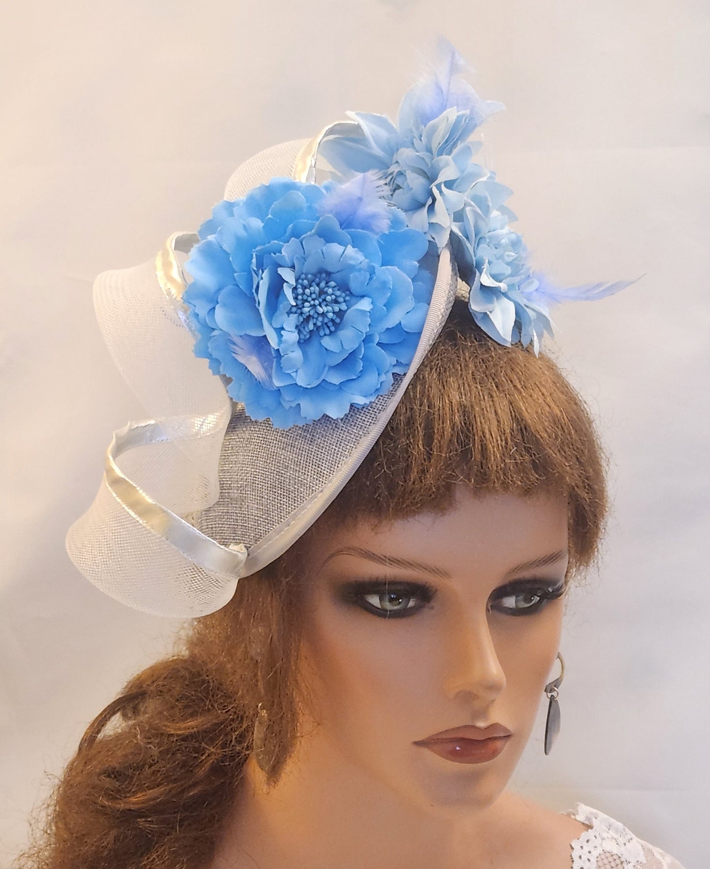 SILVER Grey and Blue Fascinator Hat . Blue Flowers & Swril Church Derby Ascot Wedding Hesdwear TeaParty hat Mother of Bride/Groom Hatinator