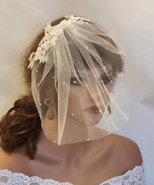 BRIDAL Birdcage veil White Ivory Tulle birdcage veil Lace fascinator veil Diamonte Pearls Bridal veil Blusher veil Tulle face blusher veil