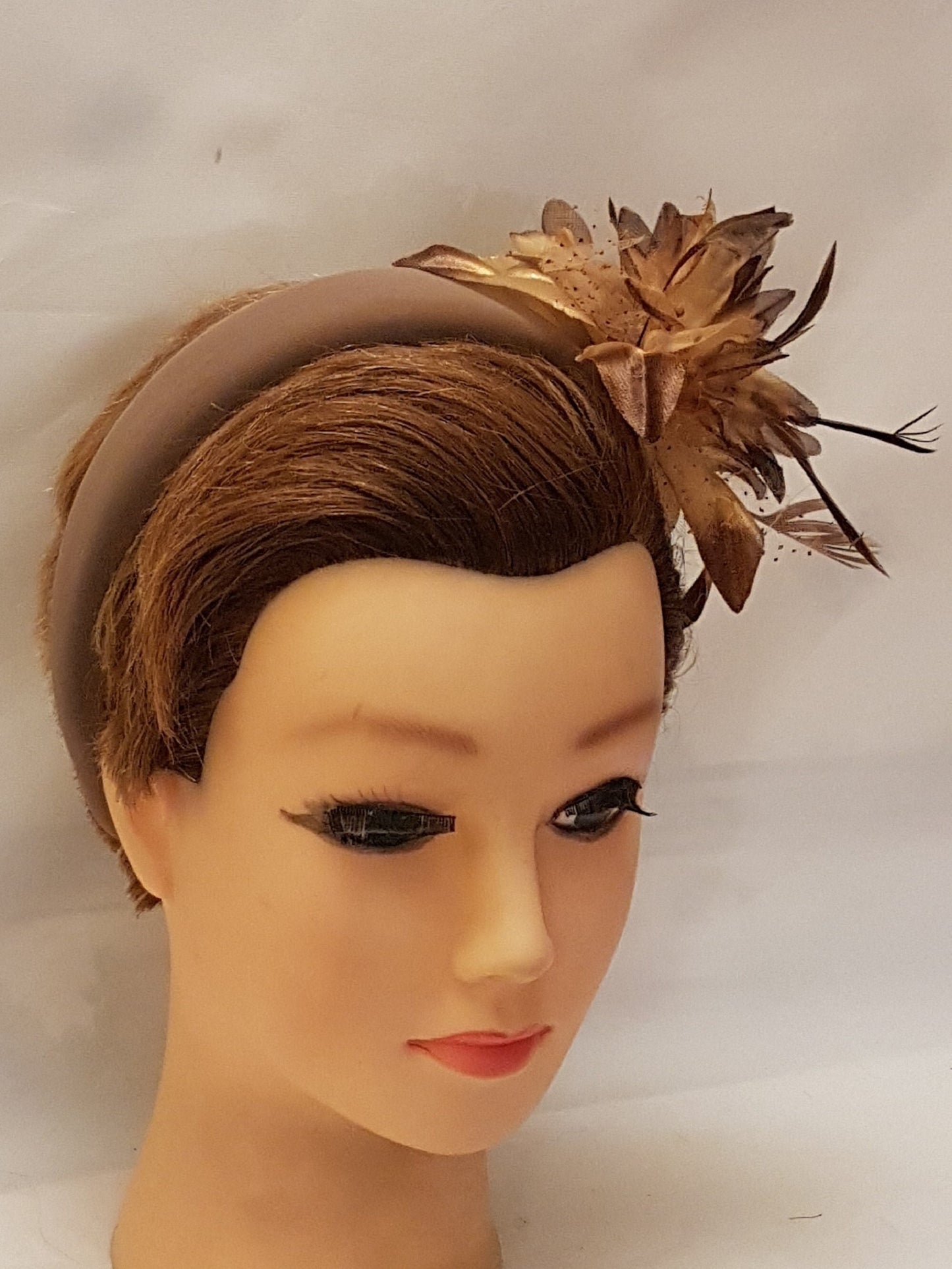 TAN/NUDE Fascinator  Feather Flower SUEDE Padded Headband Fascinator Headpiece Halo Padded Hair Crown Races Wedding Prom