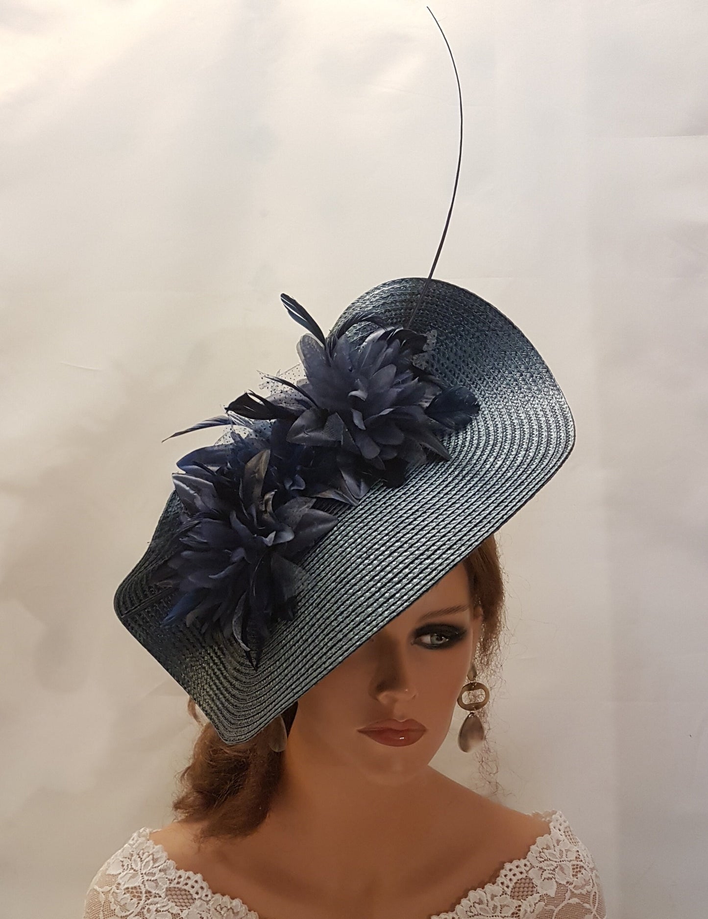 Fascinator NAVY BLUE large saucer hat fascinator Long Quilfeather Floral Church Derby Ascot Race Wedding hat Mother of Bride/Groom Hatinator